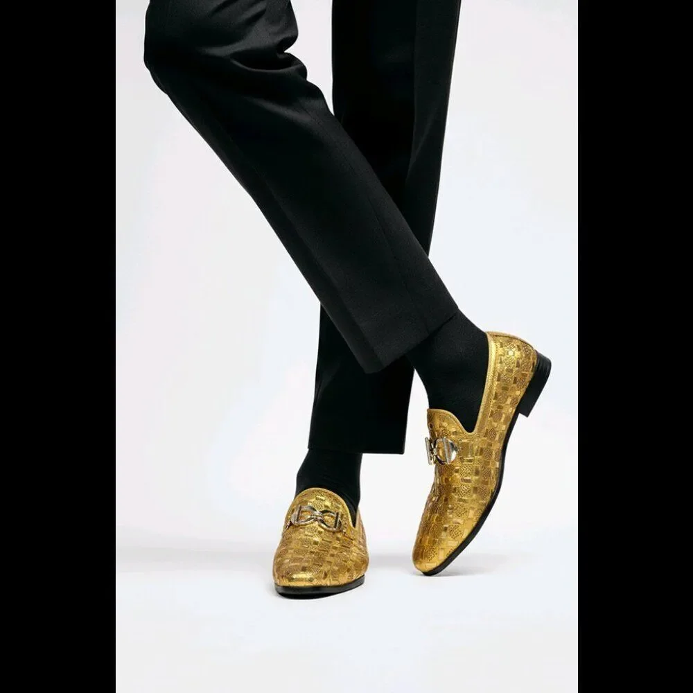 Enzo Romeo Men’s Gold Metallic Woven Rhinestone Loafers Horsebit Size 8